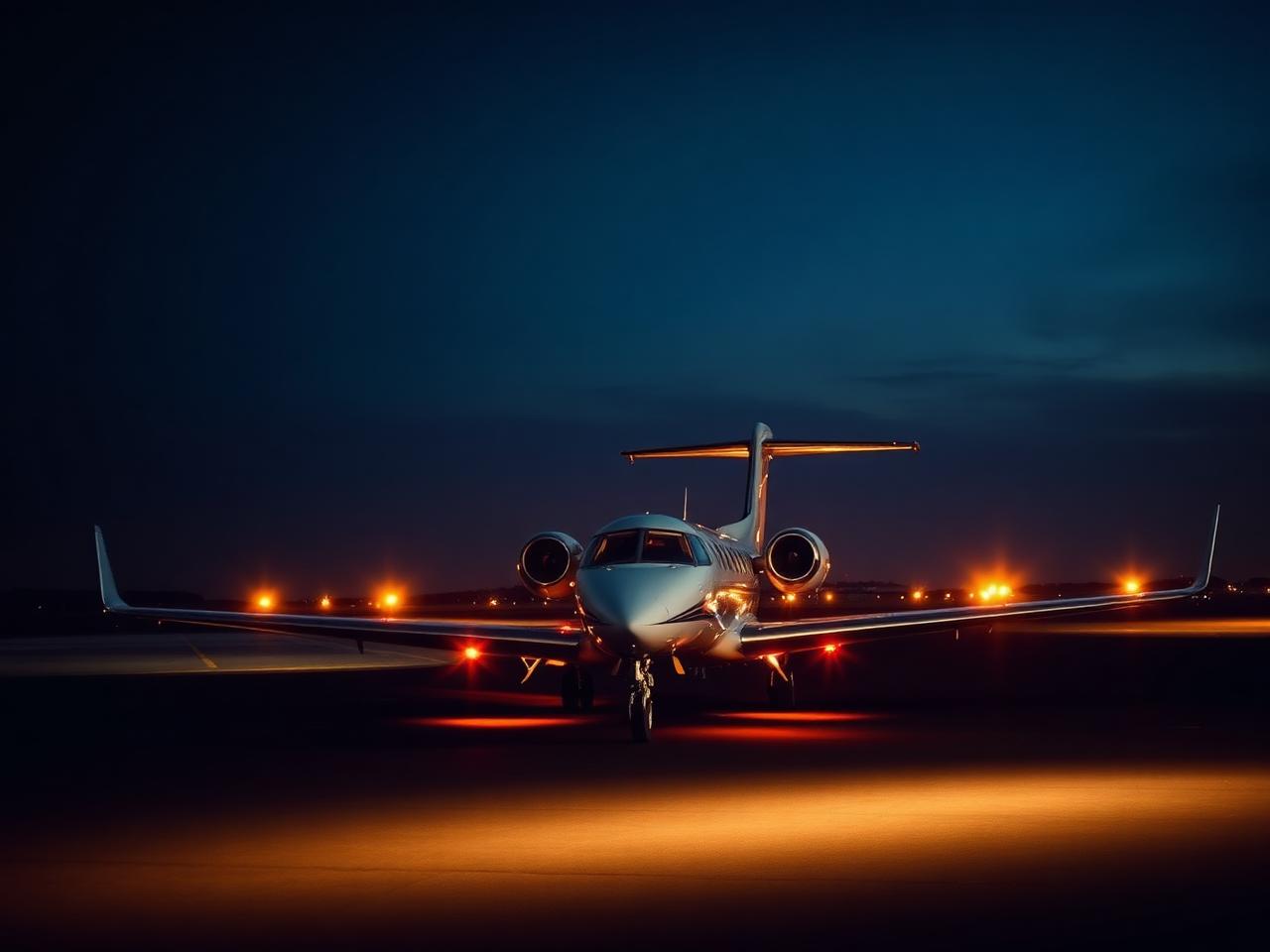 Private jet on a dusk tarmac lit by amber runway lights
